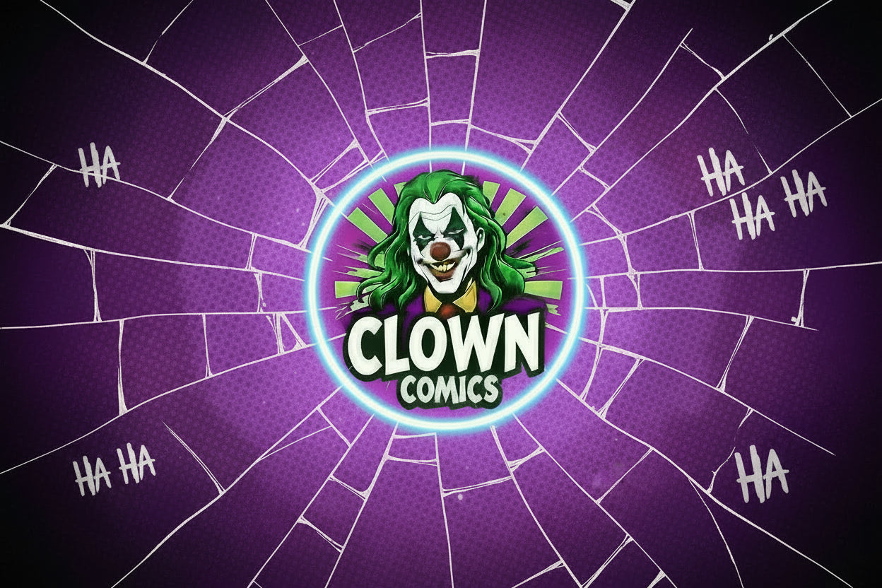 Logo of Clown Comics with a stylized clown face on a dark background